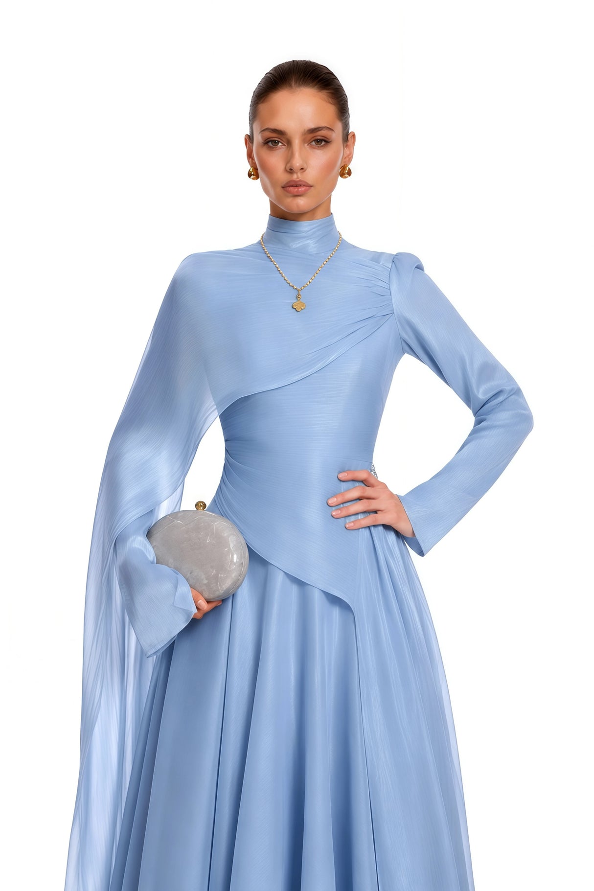Genevieve Blue Ruched Maxi Dress with Cape