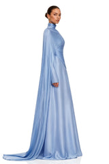 Genevieve Blue Ruched Maxi Dress with Cape