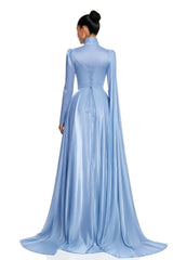Genevieve Blue Ruched Maxi Dress with Cape