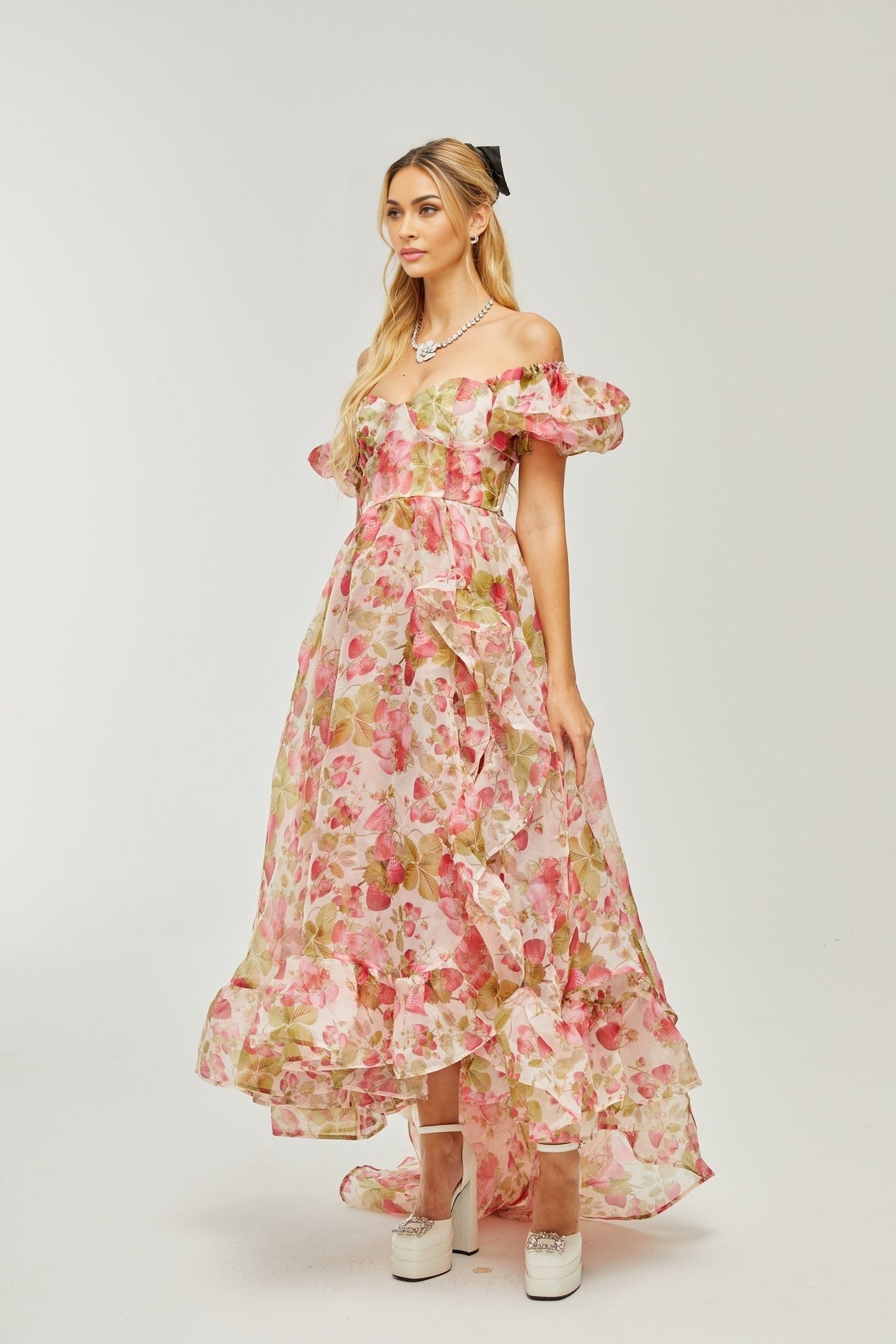 Geneviève fruitprint ruffled maxi dress