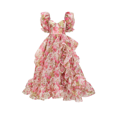 Geneviève fruitprint ruffled maxi dress
