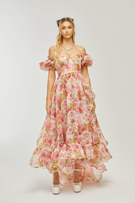Geneviève fruitprint ruffled maxi dress