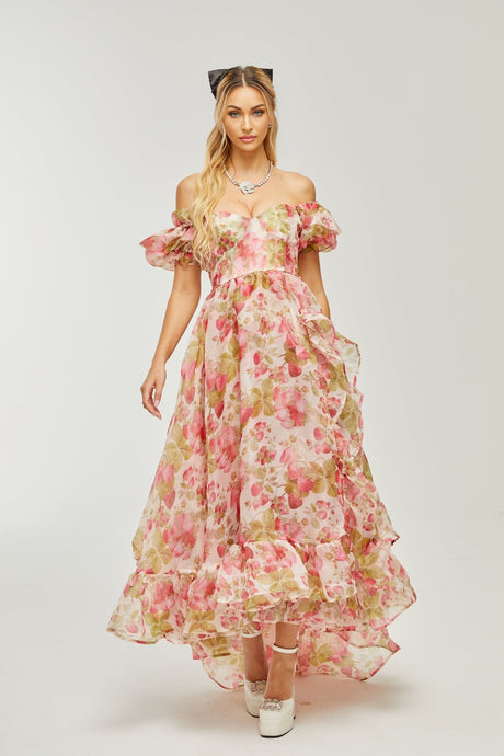 Geneviève fruitprint ruffled maxi dress