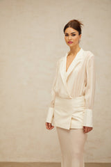 Genevieve Maxi Dress - Semi - Sheer Design - Deep V - Neck with Peak Lapels - Long Sleeves - Panelled Design with Faux Welt Pockets