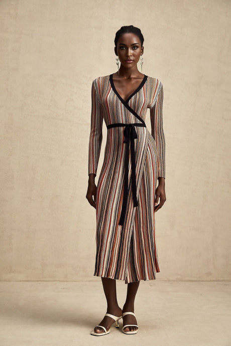 Genevieve Midi Dress - Knitted V - Neck Wrap Long Sleeve Sequin Embellished