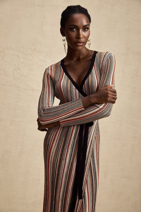 Genevieve Midi Dress - Knitted V - Neck Wrap Long Sleeve Sequin Embellished