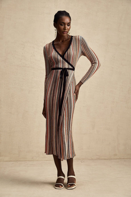 Genevieve Midi Dress - Knitted V - Neck Wrap Long Sleeve Sequin Embellished
