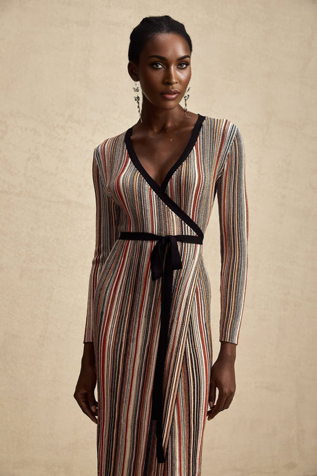 Genevieve Midi Dress - Knitted V - Neck Wrap Long Sleeve Sequin Embellished