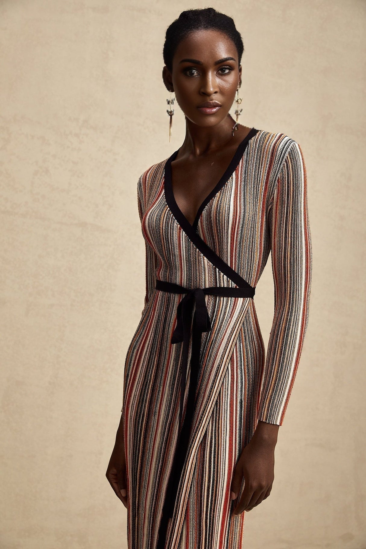 Genevieve Midi Dress - Knitted V - Neck Wrap Long Sleeve Sequin Embellished