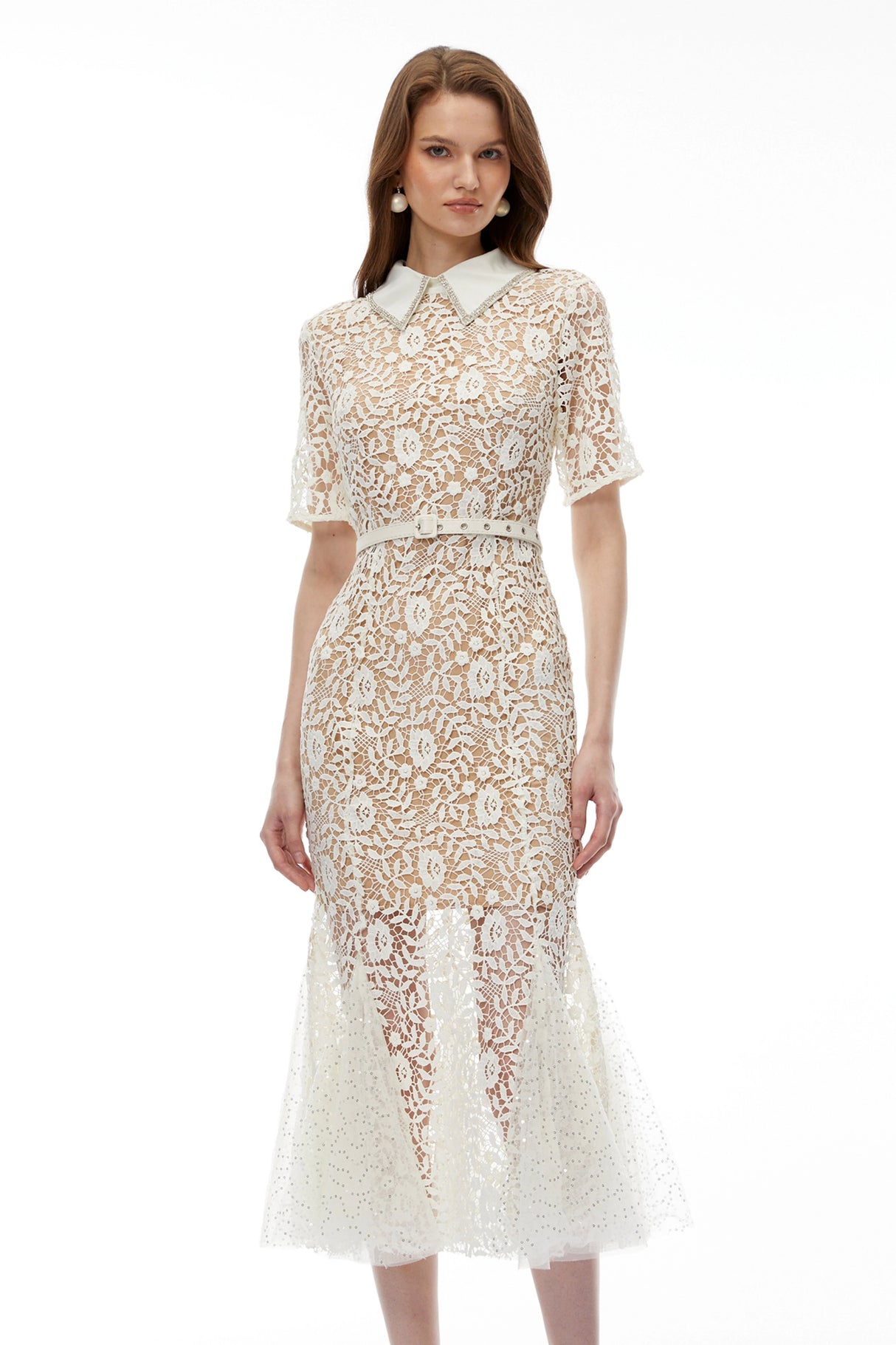 Genevieve Neutral Floral Lace Maxi Dress