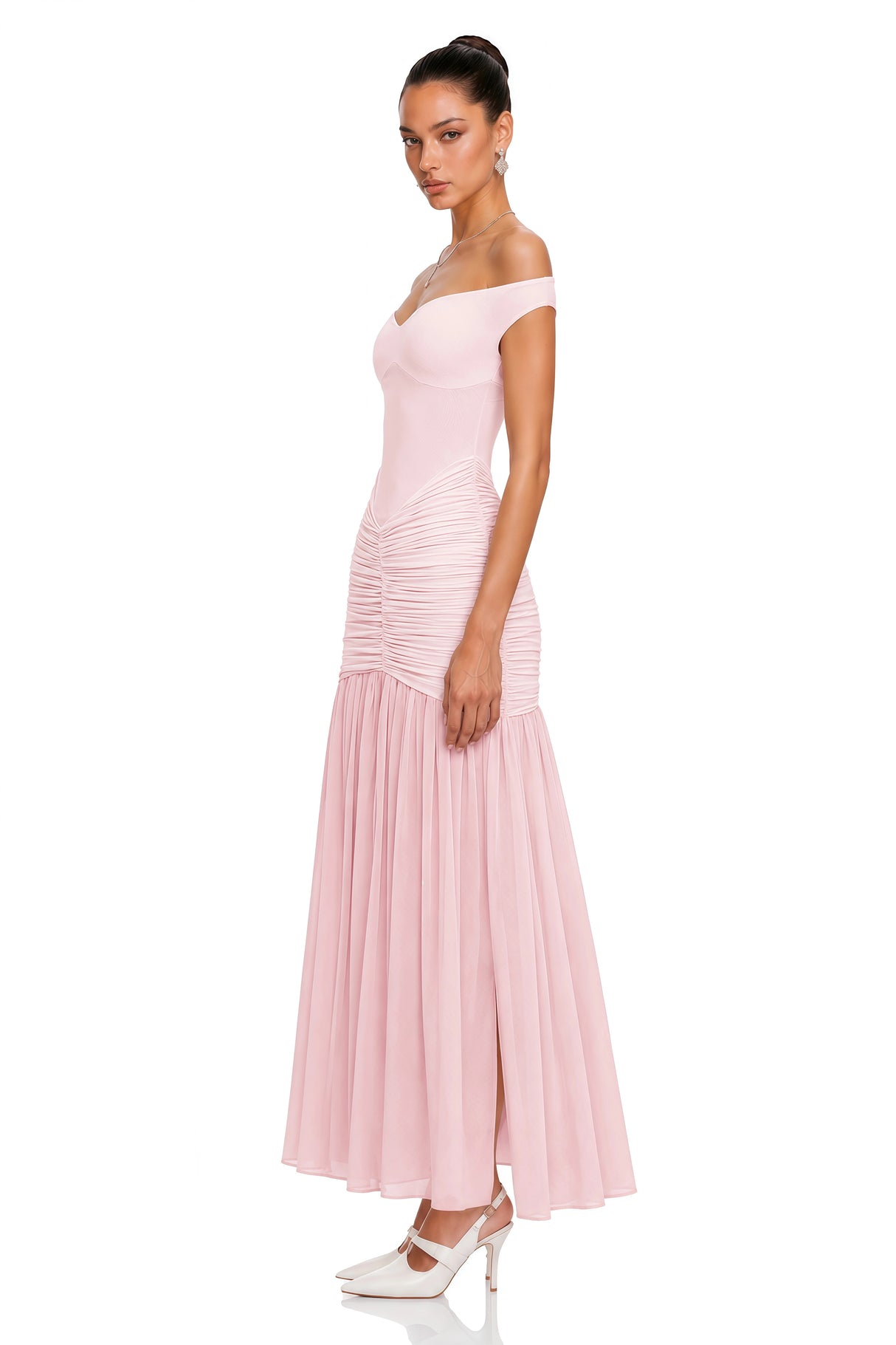 Geneviève Pink Off Shoulder Ruched Maxi Dress