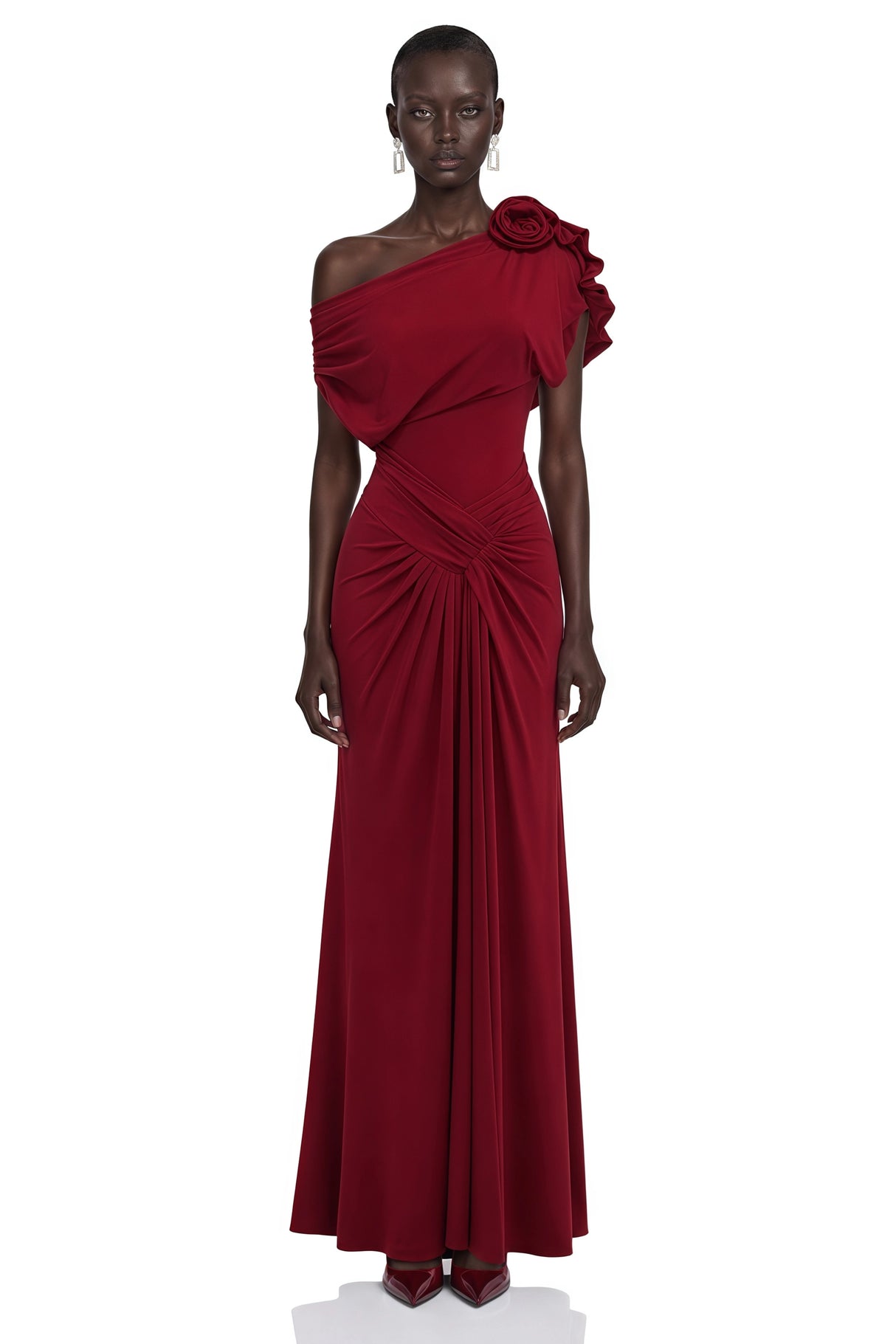 Genevieve Red One Shoulder Ruched Maxi Dress