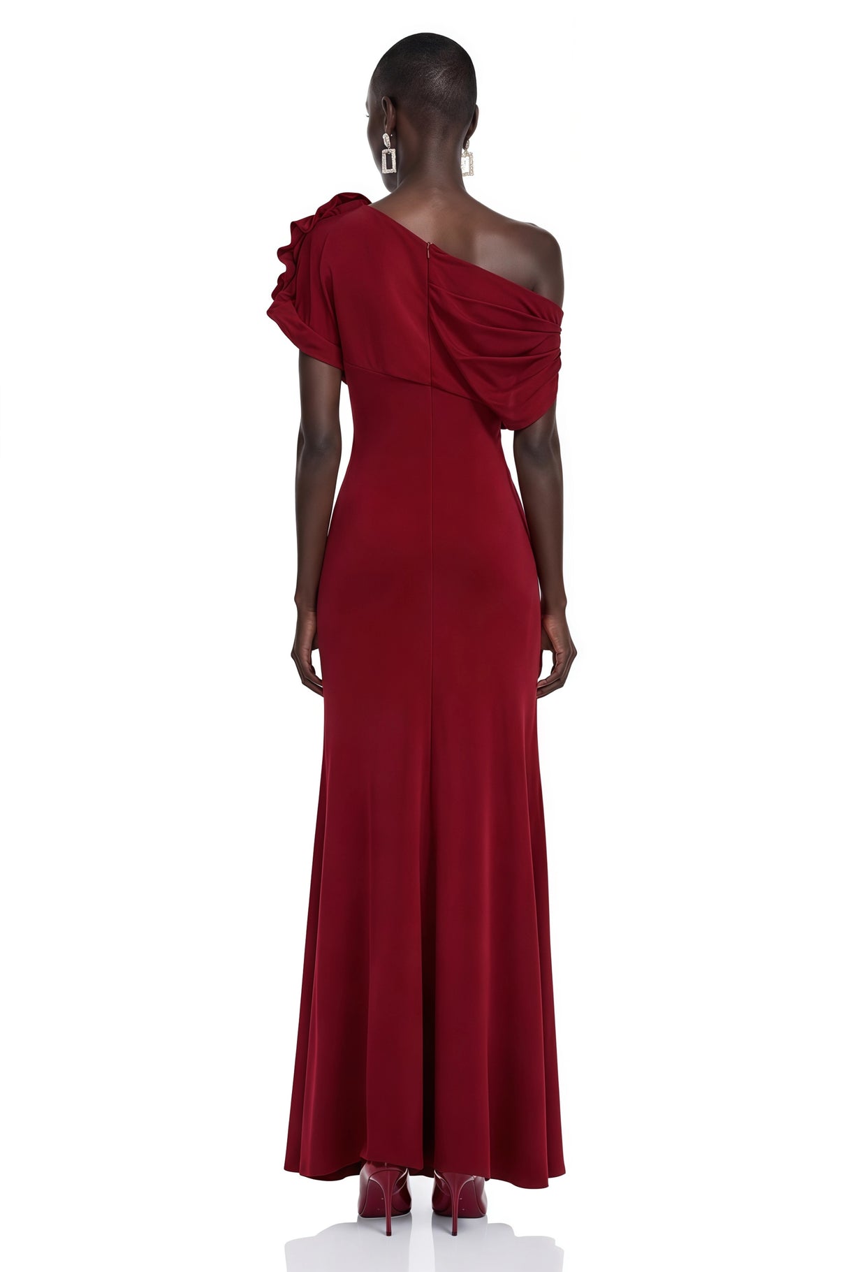 Genevieve Red One Shoulder Ruched Maxi Dress