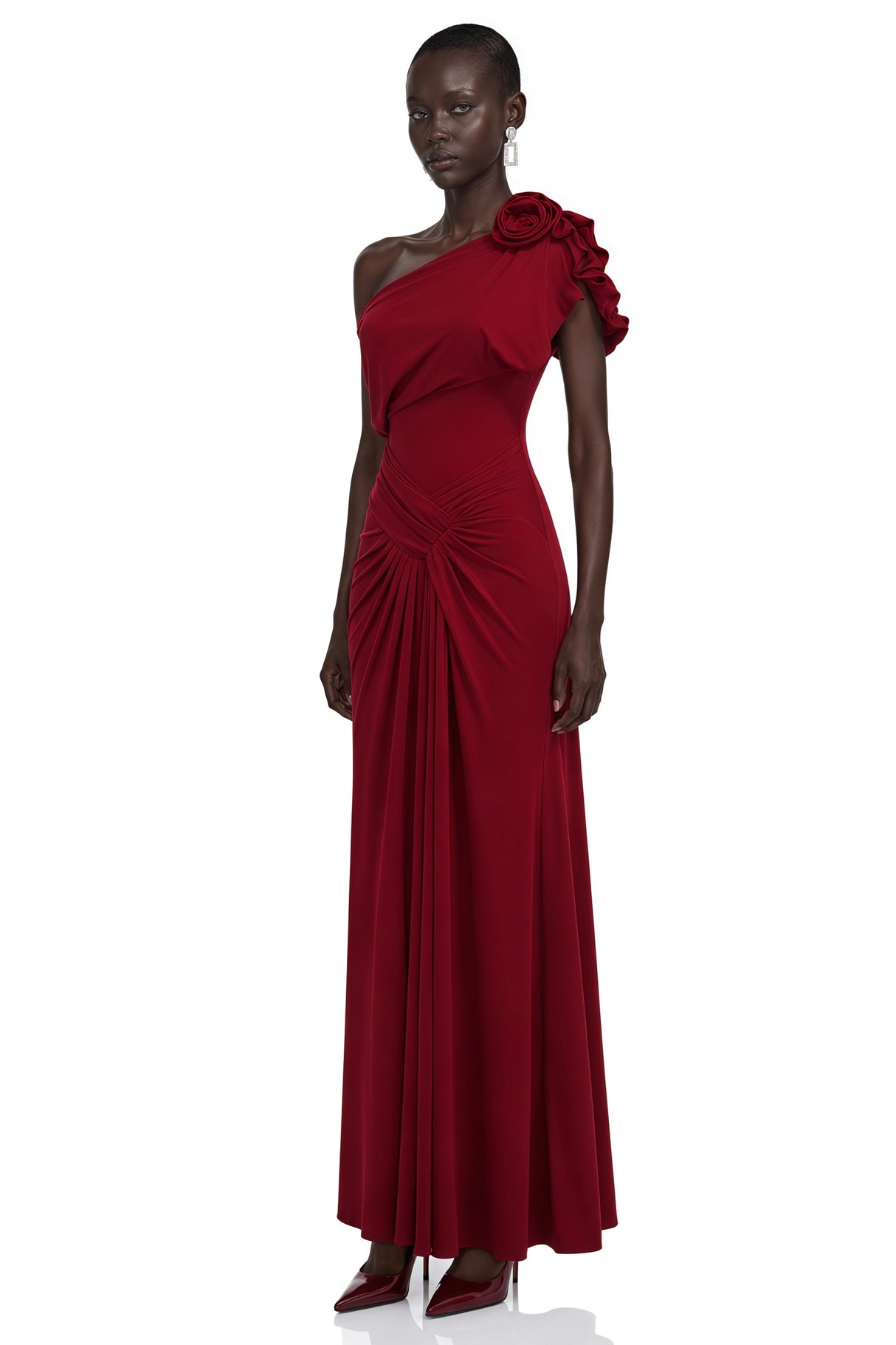 Genevieve Red One Shoulder Ruched Maxi Dress