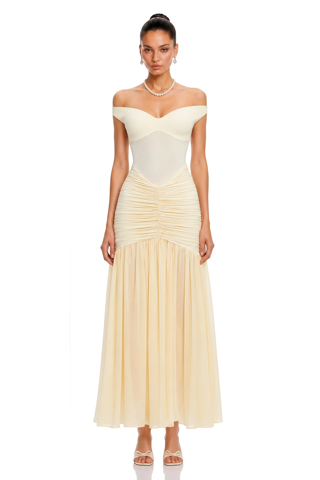 Geneviève Yellow Off Shoulder Ruched Maxi Dress