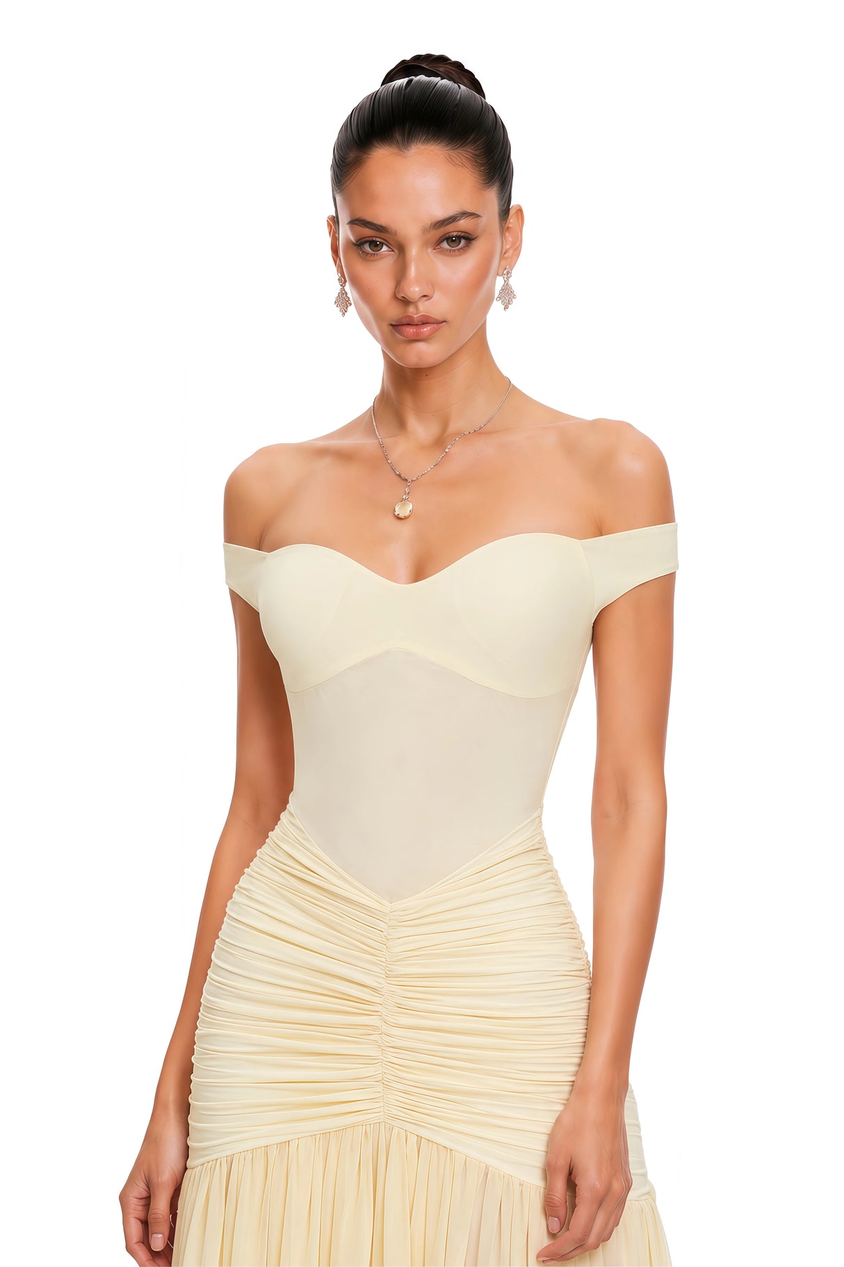 Geneviève Yellow Off Shoulder Ruched Maxi Dress