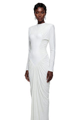 Genevra White Crystal Embellished Ruched Maxi Dress