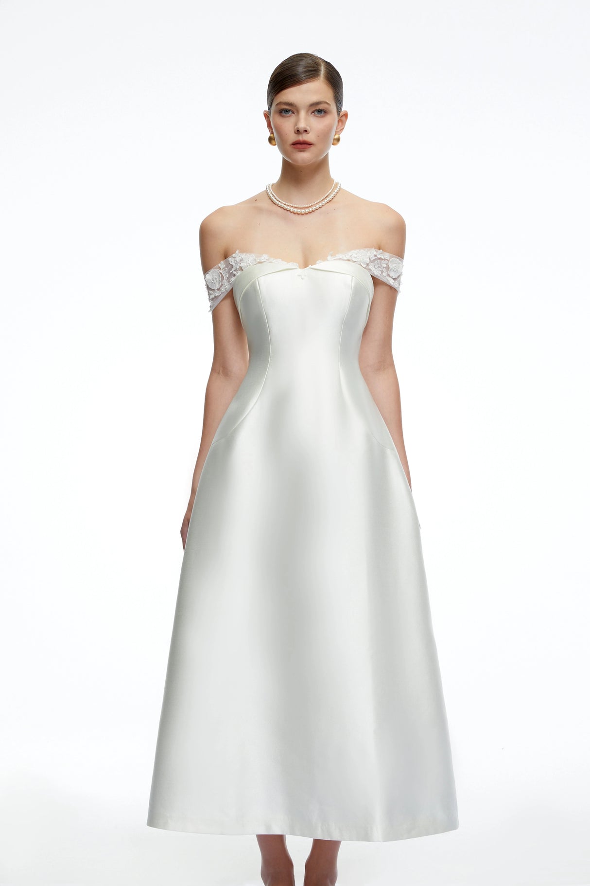 Genevra White Off Shoulder ALine Midi Dress with Lace Trim