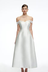 Genevra White Off Shoulder ALine Midi Dress with Lace Trim