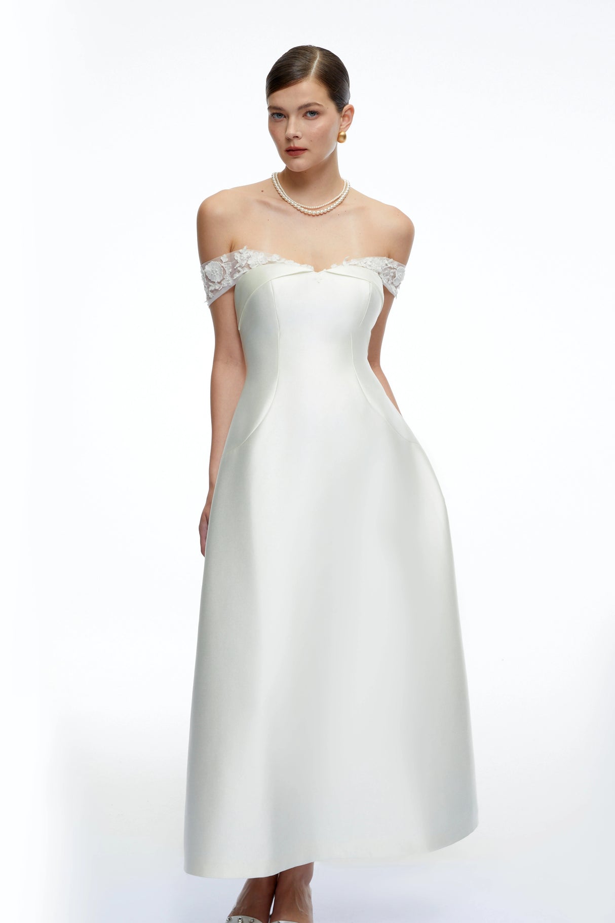 Genevra White Off Shoulder ALine Midi Dress with Lace Trim