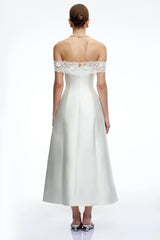 Genevra White Off Shoulder ALine Midi Dress with Lace Trim