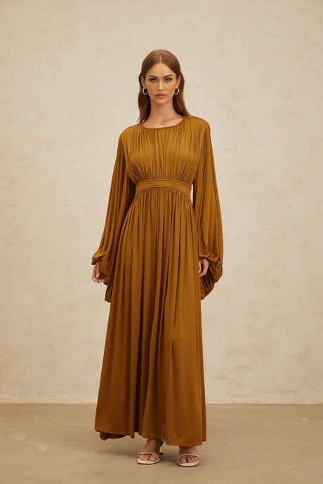 Genoveffa Maxi Dress - Olive Green - Puff Sleeve - Pleats - Zip Back