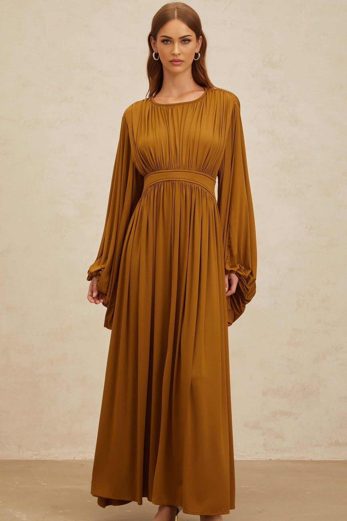 Genoveffa Maxi Dress - Olive Green - Puff Sleeve - Pleats - Zip Back