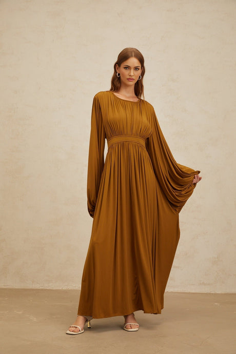 Genoveffa Maxi Dress - Olive Green - Puff Sleeve - Pleats - Zip Back