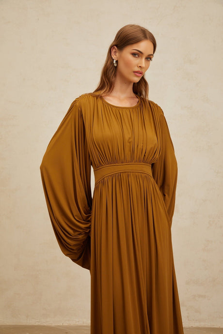 Genoveffa Maxi Dress - Olive Green - Puff Sleeve - Pleats - Zip Back