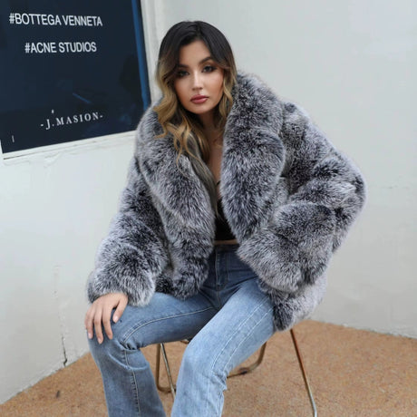Genuine Silver Fox Fur Coat – European & American Style