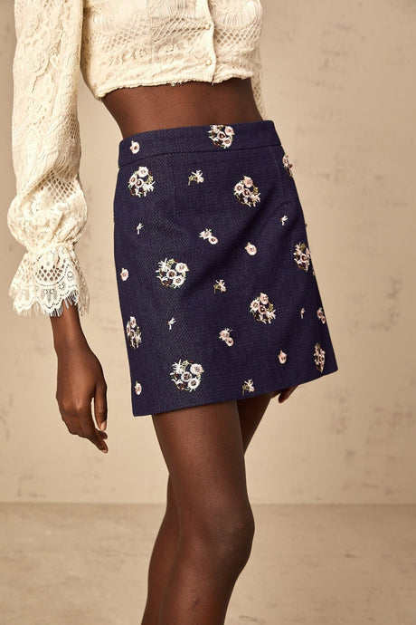 Georgia A - Line Skirt - High Rise - Flower Embroidered - Rear Zip Fastening - Thigh Length
