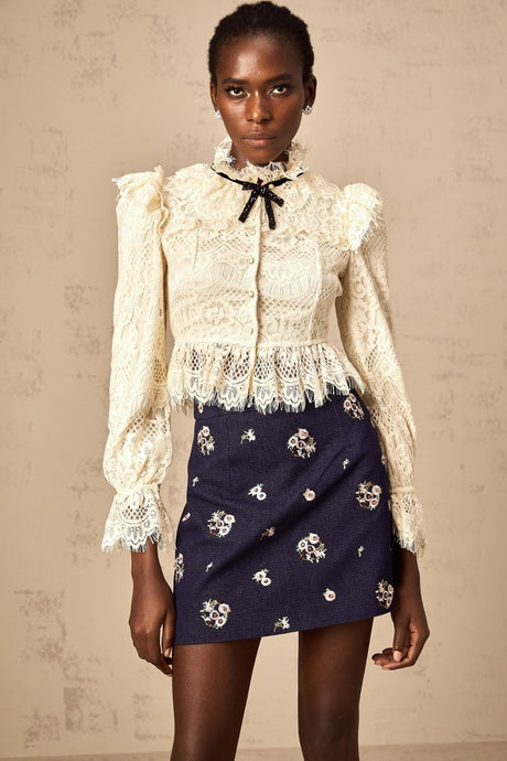Georgia A - Line Skirt - High Rise - Flower Embroidered - Rear Zip Fastening - Thigh Length