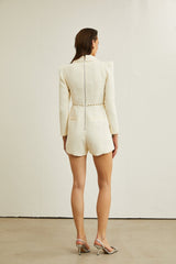 Georgia Bodysuit - Tweed - Faux - Pearl Embellishment - Pointed Shoulder Detail - Decorative Buttons