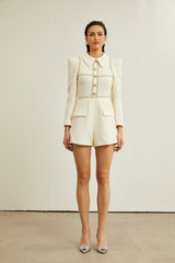 Georgia Bodysuit - Tweed - Faux - Pearl Embellishment - Pointed Shoulder Detail - Decorative Buttons