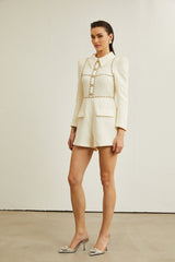 Georgia Bodysuit - Tweed - Faux - Pearl Embellishment - Pointed Shoulder Detail - Decorative Buttons