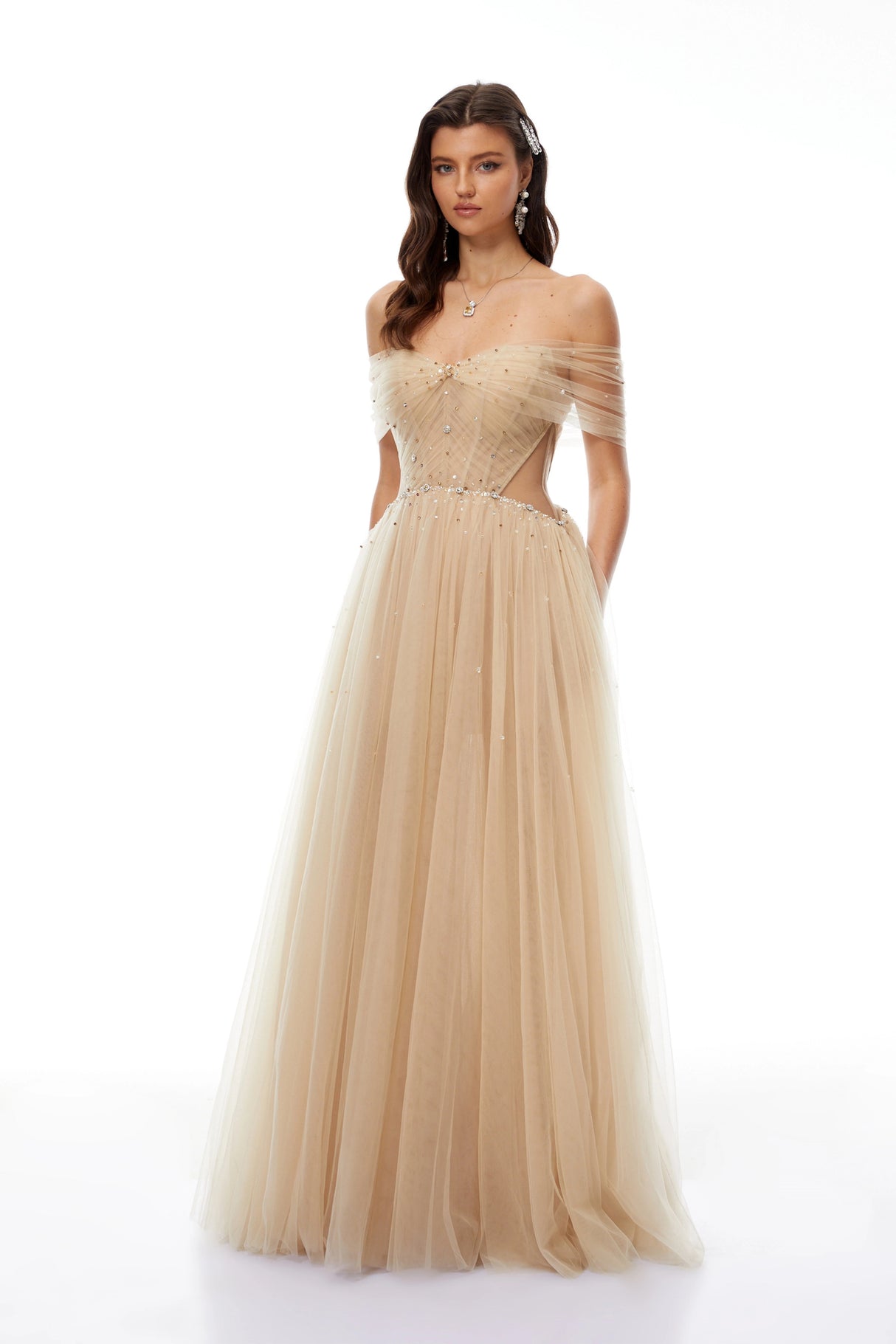 Georgia Neutral Embellished Tulle Maxi Gown
