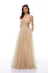 Georgia Neutral Embellished Tulle Maxi Gown