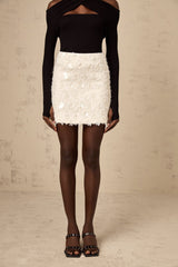 Georgia Tweed Mini Skirt - Fringe Trim - Sequin Accents - Zip Back - Straight Hem