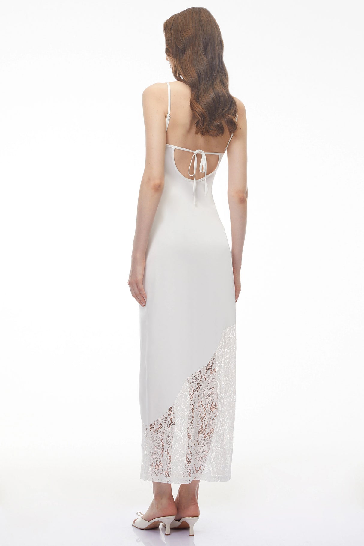 Georgia White Vneck Floral Lace Satin Panelled Maxi Dress
