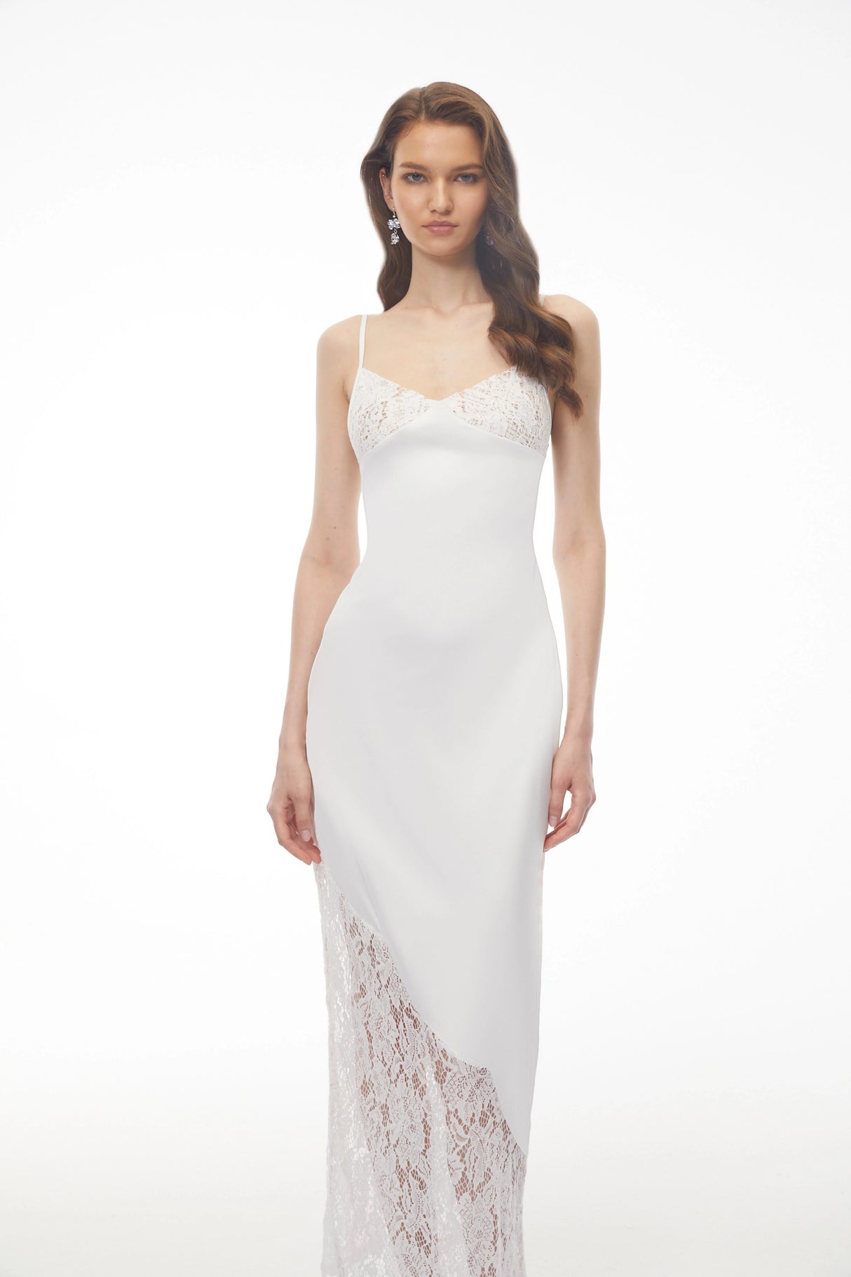 Georgia White Vneck Floral Lace Satin Panelled Maxi Dress