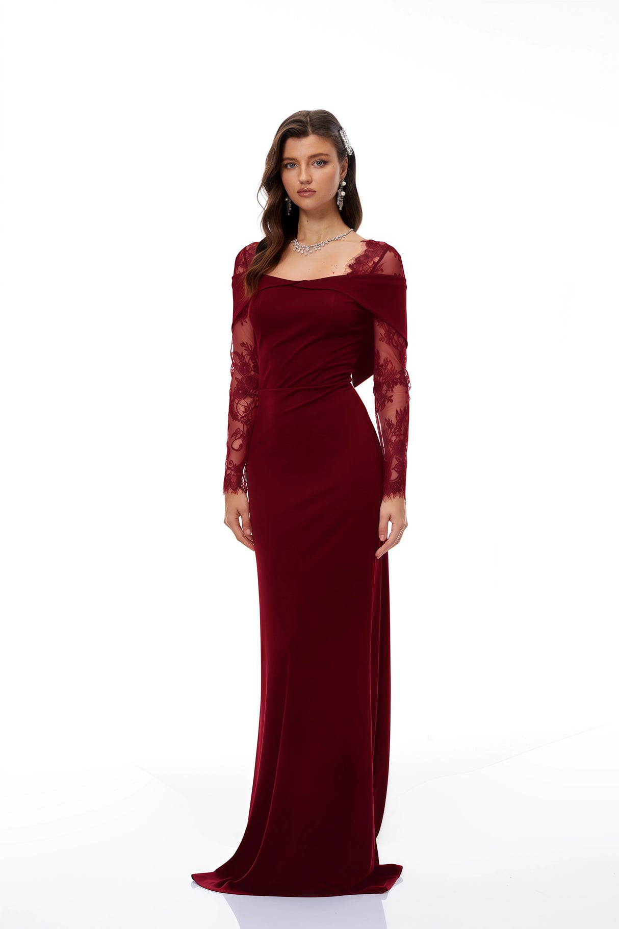 Georgiana Burgundy Lace Panel Flared Maxi Gown