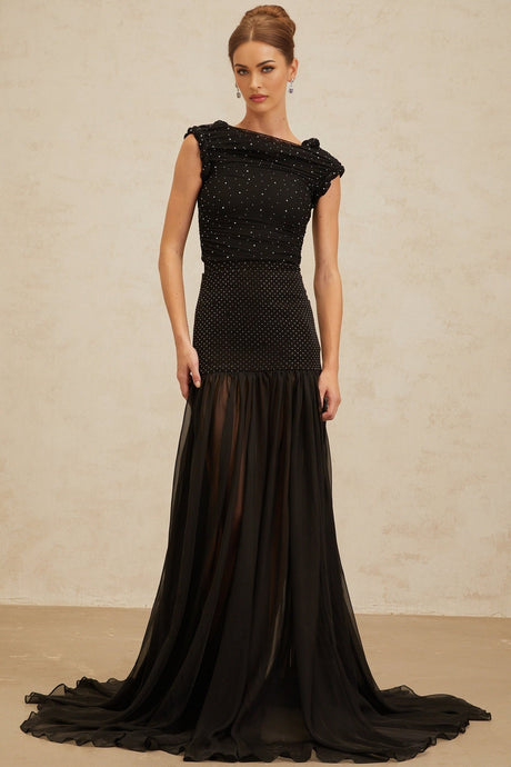 Geraldina Crop Top - Bateau Neck - Rhinestone Embellishment - Ruched Detailing