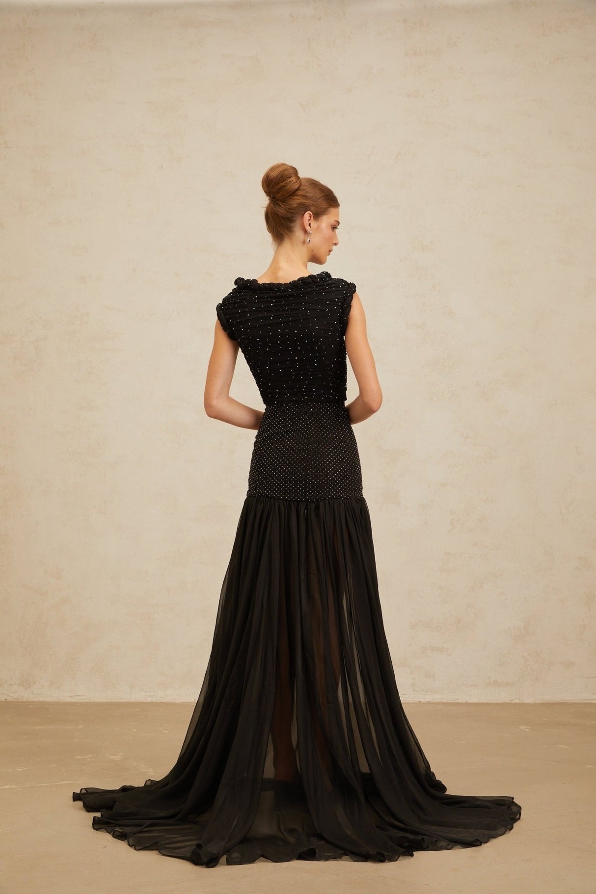 Geraldina Crop Top - Bateau Neck - Rhinestone Embellishment - Ruched Detailing