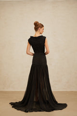 Geraldina Crop Top - Bateau Neck - Rhinestone Embellishment - Ruched Detailing