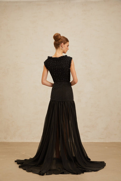 Geraldina Crop Top - Bateau Neck - Rhinestone Embellishment - Ruched Detailing