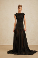 Geraldina Crop Top - Bateau Neck - Rhinestone Embellishment - Ruched Detailing