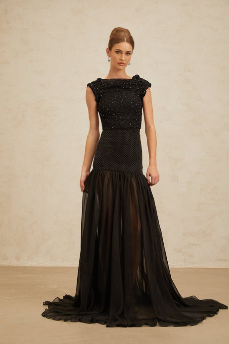 Geraldina Crop Top - Bateau Neck - Rhinestone Embellishment - Ruched Detailing