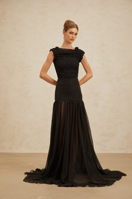 Geraldina Crop Top - Bateau Neck - Rhinestone Embellishment - Ruched Detailing