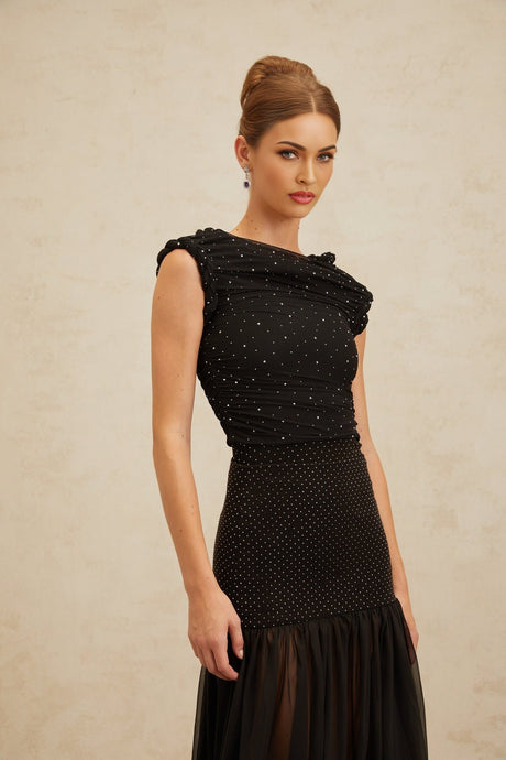 Geraldina Crop Top - Bateau Neck - Rhinestone Embellishment - Ruched Detailing