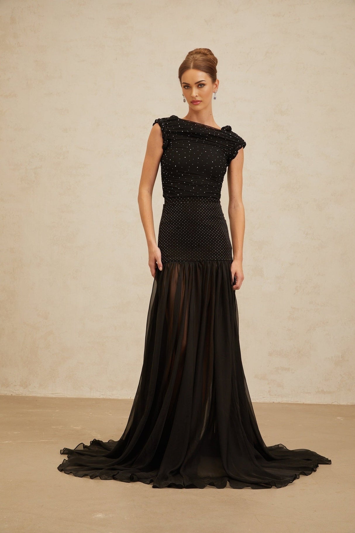 Geraldina Crop Top - Bateau Neck - Rhinestone Embellishment - Ruched Detailing